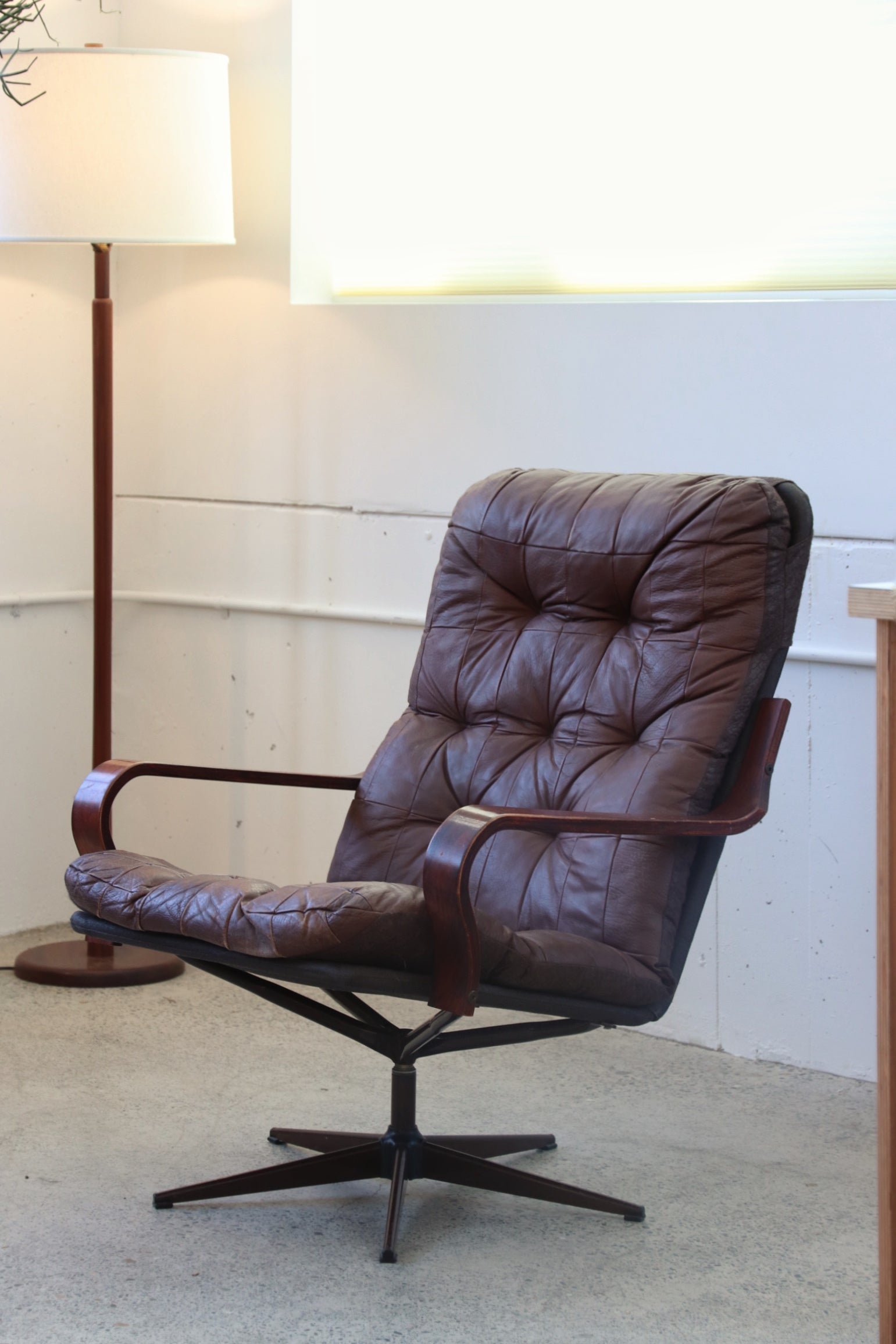 Danish Modern Leather Patchwork Swivel Chair – In The Comfort Of