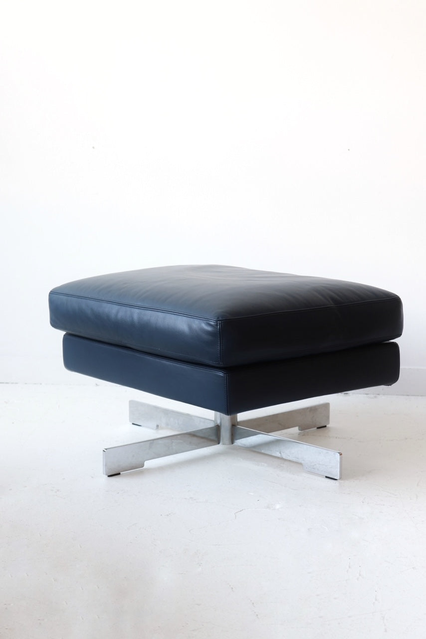 Navy Leather & Chrome Swivel Ottoman By Meritalia